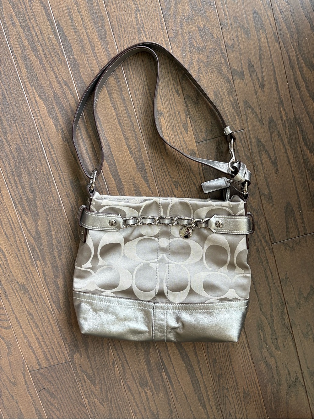 Coach Metallic Champagne Signature Shoulder Bag with Chain
